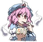  bowl breasts chopsticks deku_(dekunosu) eating food food_on_face ghost hat hitodama holding holding_chopsticks large_breasts left-handed looking_at_viewer pink_hair red_eyes rice rice_bowl rice_on_face saigyouji_yuyuko simple_background solo touhou upper_body white_background 