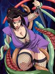  1girl black_hair breasts cleavage fishnet fishnets gaden imminent_rape kunai kunoichi large_breasts makeup monster ninja open_mouth restrained shokujoku_nin_mesu_sayla tentacle weapon 