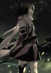  1girl breasts brown_eyes closed_mouth commentary dark from_side gloves hair_between_eyes highres holding holding_sword holding_weapon hunter.g kantai_collection neckerchief night outdoors pleated_skirt profile scarf sendai_(kancolle) sendai_kai_ni_(kancolle) sheath sheathed single_thighhigh skirt sky small_breasts solo star_(sky) starry_sky sword thighhighs weapon 