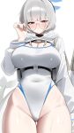  1girl absurdres adjusting_eyewear ass_visible_through_thighs blue_archive blue_halo blunt_bangs blush bob_cut breasts cetacean_tail cleavage closed_mouth commentary covered_navel cowboy_shot fins fish_tail glasses grey-framed_eyewear grey_hair halo highleg highleg_one-piece_swimsuit highres hood hood_down hooded_shrug kotone_(blue_archive) large_breasts leavv looking_at_viewer mole mole_under_eye one-piece_swimsuit round_eyewear short_hair shrug_(clothing) simple_background solo swimsuit tail thigh_gap white_background white_one-piece_swimsuit white_shrug 