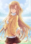  :d asuna_(sao) brown_eyes brown_hair foreshortening half_updo jewelry long_hair open_mouth orange_shirt outstretched_hand reaching ring shirt signature skirt smile solo sweater sword_art_online umi111 