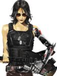  1girl black_hair bulletproof_vest cyberpunk cyberpunk_(series) cyberpunk_2077 cyborg dog_tags electric_guitar genderswap genderswap_(mtf) guitar holding holding_guitar holding_instrument instrument jewelry johnny_silverhand looking_at_viewer mechanical_arms multiple_rings necklace ring seli1 simple_background single_mechanical_arm solo sunglasses upper_body white_background 