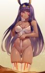  1girl animal_ears blush breasts cleavage collarbone covered_nipples dark_skin eyebrows_visible_through_hair facepaint facial_mark fate/grand_order fate_(series) hair_between_eyes hairband highres jackal_ears long_hair low-tied_long_hair medium_breasts nitocris_(fate/grand_order) purple_eyes purple_hair solo standing swimsuit thighhighs turi white_legwear 