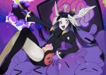  1girl absurdres black_dress black_hair blunt_bangs brain crossed_legs crown dress english_commentary feathered_wings gloves glowstick gradient_hair head_wings highres holding holding_glowstick hololive hololive_english long_hair long_sleeves looking_at_viewer lying_on_another multicolored_hair ninomae_ina'nis oniiyanna open_mouth pointy_ears polka_dot_gloves purple_eyes purple_gloves purple_hair purple_hands sidelocks smile tako_takover_(ninomae_ina'nis) takodachi_(ninomae_ina'nis) tentacle_hair virtual_youtuber white_wings wings 