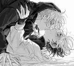  2boys adam's_apple bed_sheet blush braid braided_ponytail chinese_commentary closed_eyes commentary_request earrings greyscale hand_on_another's_neck hand_on_another's_shoulder hood hood_up hooded_jacket hug imminent_kiss implied_sex jacket jewelry kiss long_hair long_sleeves looking_at_another lying male_focus monochrome multicolored_hair multiple_boys off_shoulder on_back parted_lips profile saliva shiguang_dailiren shirt short_hair simple_background single_braid single_earring sleeves_past_wrists sweat tears trembling turtleneck two-tone_hair tyoookozuki upper_body white_background xia_fei xiao_weiying yaoi 