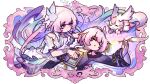  2girls aqua_hair as_i've_written_(honkai:_star_rail) book breasts chibi coat commentary cyrene_(demiurge)_(honkai:_star_rail) cyrene_(honkai:_star_rail) cyrene_(philia093)_(honkai:_star_rail) dated diamond-shaped_pupils diamond_(shape) dress english_commentary flower hair_flower hair_ornament highres holding holding_book holding_quill honkai:_star_rail honkai_(series) long_hair medium_breasts mem_(honkai:_star_rail) multicolored_hair multiple_girls multiple_persona pink_hair purple_coat purple_eyes quill sleeping small_breasts symbol-shaped_pupils two-tone_hair very_long_hair white_dress white_hair yemuzi 
