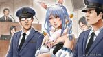  3boys 3girls anger_vein animal_ears annoyed black_gloves black_necktie black_suit blue_hair bow braid breasts carrot_hair_ornament cleavage closed_eyes commentary_request copyright_notice courtroom don-chan_(usada_pekora) east_asian enomoto_yoshitaka food-themed_hair_ornament frown fur-trimmed_gloves fur_trim glasses gloves hair_bow hair_ornament hat highres hololive medium_breasts microphone multiple_boys multiple_girls necktie opaque_glasses parted_lips police police_hat police_uniform policeman rabbit_ears rabbit_girl red_eyes red_lips red_necktie suit twin_braids usada_pekora usada_pekora_(1st_costume) virtual_youtuber white_hair 