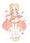  1boy animal_ears blonde_hair cape colored_tips commentary electric_plug electric_plug_tail full_body fur_collar headphones headphones_around_neck highres kanadera maimai_(game) multicolored_hair puffy_shorts puffy_sleeves rasmell red_cape red_eyes short_eyebrows shorts tail thighhighs untranslatable_commentary white_thighhighs 