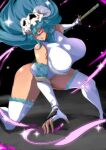  1girl absurdres aqua_hair arrancar bare_shoulders bleach bleach:_sennen_kessen-hen breasts facial_mark fur_trim gloves green_eyes green_hair hair_between_eyes highres holding hollow_(bleach) kowatsu_no_break large_breasts leotard long_hair looking_at_viewer mask nelliel_tu_odelschwanck open_mouth reverse_grip skull skull-shaped_hat skull_mask skull_on_head solo thighhighs thighs white_leotard white_thighhighs zanpakutou 