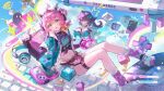 2girls ahoge amukeer black_hair commentary_request duplicate ghost_girl green_eyes headphones jacket linko_(nte) multiple_girls navel neverness_to_everness open_clothes pink_eyes pink_hair shirt short_shorts shorts tamagotchi_(virtual_pet) virtual_pet_(toy) 