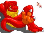  3-toes 3_toes anthro arms_behind_head biceps big big_feet big_muscles claws dinosaur grin looking_at_viewer male muscles paws pecs pose red_body red_eyes reptile rexar riproarrex scalie simple_background solo tyrannosaurus_rex 