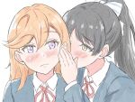  2girls black_hair blue_jacket blush bow commentary_request hair_bow hazuki_ren high_ponytail highres jacket kanikama_(kanikani4567) long_hair love_live! love_live!_superstar!! multiple_girls orange_hair ponytail purple_eyes red_ribbon ribbon school_uniform shibuya_kanon shirt whispering_in_ear white_background white_bow white_shirt yellow_eyes yuigaoka_school_uniform yuri 