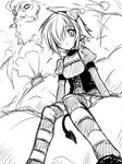  deku_(dekunosu) demon_tail greyscale looking_at_viewer monochrome original short_hair sketch striped striped_legwear tail thighhighs 