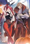  1boy 1girl absurdres animal_ears ascot baobhan_sith_(fate) baobhan_sith_(halloween_2026)_(fate) bare_shoulders black_cloak black_leotard breast_tattoo breasts cleavage cloak commentary_request detached_collar earrings fake_animal_ears fate/grand_order fate_(series) fishnet_pantyhose fishnets flower_tattoo fur-trimmed_cloak fur_trim gloves grey_eyes grey_hair hair_intakes halloween highres jewelry large_breasts leotard long_hair looking_at_viewer pants pantyhose partial_commentary pink_hair playboy_bunny pointy_ears popped_collar rabbit_ears red_cloak red_eyes red_gloves red_pants red_pantyhose shirt short_hair sidelocks smile sword tattoo twintails two-sided_cloak two-sided_fabric very_long_hair watanabe_no_tsuna_(fate) watanabe_no_tsuna_(halloween_2026)_(fate) weapon white_shirt yuzu_(pixiv_54192275) 