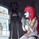  2girls abs absurdres ahoge alcohol aqua_hair bag baguette black_leggings bottle bread breasts can caught cleavage commentary_request duffel_bag food hatsune_miku highres holding holding_bread holding_can holding_food kasane_teto korean_commentary leggings long_hair menacing mozzaraccoon multiple_girls navel opening_can red_hair refrigerator shaded_face shirt shorts sweatdrop twintails utau vocaloid water_bottle white_shirt 
