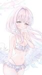  1girl absurdres angel_wings arm_behind_back bikini blue_archive blue_hair blue_halo blush breasts cheriramune choker cleavage closed_mouth commentary_request cowboy_shot feathered_wings frilled_bikini frills front-tie_bikini_top front-tie_top gradient_hair gradient_halo halo highres long_hair looking_at_viewer low_wings medium_breasts mika_(blue_archive) mika_(swimsuit)_(blue_archive) multicolored_hair multicolored_halo navel pink_hair pink_halo simple_background smile solo swimsuit watermark white_background white_bikini white_choker white_wings wing_ornament wings yellow_eyes 