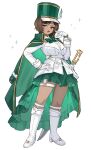  1girl absurdres boots bow bowtie breasts brooch commentary_request dark-skinned_female dark_skin dress full_body gem gloves gold_trim green_bow green_bowtie green_dress green_gem green_hat hand_up hat high-low_dress highres jacket jewelry limbus_company long_sleeves looking_at_viewer magical_girl outis_(project_moon) project_moon ro/ku shako_cap solo sparkle sword weapon white_boots white_gloves white_jacket 