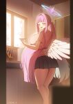  1girl alternate_costume angel_wings apron ass big_belly black_skirt blue_archive breasts commentary english_commentary feathered_wings gradient_halo halo highres knife large_breasts linear_71 looking_at_viewer low_wings mika_(blue_archive) multicolored_halo open_mouth pink_apron pink_hair pink_halo pleated_skirt ponytail pregnancy_halo pregnant skirt smile solo teeth thighs twitter_username upper_teeth_only white_wings window wings yellow_eyes 