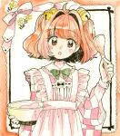  1girl :o alternate_costume apron bell blush checkered_clothes checkered_kimono commentary hair_bell hair_ornament holding holding_mixing_bowl holding_spoon japanese_clothes kimono long_sleeves maid_apron motoori_kosuzu muzukite orange_eyes orange_hair pink_kimono short_hair solo spoon touhou two_side_up upper_body wooden_spoon 