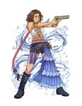  1girl armband bare_shoulders black_boots black_shorts blue_eyes blue_skirt boots breasts brown_hair closed_mouth final_fantasy final_fantasy_x final_fantasy_x-2 green_eyes gun half-skirt handgun heterochromia highres holding holding_gun holding_weapon kojima_jk medium_breasts medium_hair midriff plunging_neckline shirt shorts skirt solo standing underboob water_drop weapon white_background white_shirt yellow_armband yuna_(ff10) 
