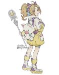  1girl 2026 ahoge animal_bag animal_ear_headphones animal_ears backpack bag bandaid bandaid_on_leg blonde_hair boots brown_eyes cat_bag cat_ear_headphones cat_ears coat commentary_request dated dissidia_duellum_final_fantasy dissidia_final_fantasy fake_animal_ears final_fantasy final_fantasy_v full_body hair_ornament headphones highres holding holding_staff krile_mayer_baldesion_(ff5) krile_mayer_baldesion_(mog_&amp;_me)_(ff5) long_hair looking_at_viewer mayumaro0129 moogle multicolored_boots multicolored_coat official_alternate_costume parted_bangs parted_lips ponytail simple_background solo staff standing twintails two-tone_boots two-tone_coat white_background white_boots x_hair_ornament yellow_boots yellow_coat 
