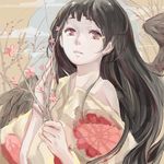  bad_id bad_pixiv_id bare_shoulders black_hair black_wings branch flower hair_ornament japanese_clothes kimono kyer long_hair original red_eyes solo wings 