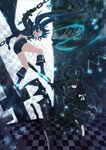  black_rock_shooter black_rock_shooter_(character) blue_hair boots chain checkered claws cross dead_master green_hair highres horns light_particles multiple_girls pinfan sword weapon 