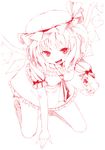  :d ascot fangs flandre_scarlet hat hat_ribbon katsuhiro looking_at_viewer monochrome open_mouth red ribbon side_ponytail skirt smile solo touhou wings 