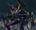  bad_pixiv_id building city drdklee45 eva_01 gun mecha neon_genesis_evangelion night no_humans rubble weapon 