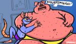 anthro biped burping clothed clothing domestic_pig duo english_text fatdanwich hairy hi_res holding_belly male mammal morbidly_obese morbidly_obese_anthro morbidly_obese_male murid murine obese obese_anthro obese_male overweight overweight_anthro overweight_male rat rodent speech_bubble suid suine sus_(pig) text underwear underwear_only