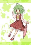  ahoge ascot bobby_socks closed_umbrella dress_shirt green_hair kazami_yuuka mary_janes mokku open_mouth plaid plaid_skirt plaid_vest red_eyes shirt shoes short_hair skirt smile socks solo touhou umbrella vest wavy_hair white_legwear 