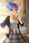  ahoge bangs blue-framed_eyewear blue_eyes blue_hair bow cardigan dress_shirt glasses hair_between_eyes hand_on_hip highres holding nail_polish parted_bangs pen plaid plaid_skirt pleated_skirt ribbon salt_(salty) shirt short_hair skirt sleeves_pushed_up solo sword_girls 