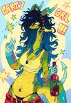 anthro artist_name belt belt_buckle blue_body blue_eyes blue_hair bottle bottomwear bottomwear_down breasts buckle claws clothed clothing colored container crop_top day_gecko digital_drawing_(artwork) digital_media_(artwork) dragon dragon_tail ear_piercing english_text exclamation_point female gecko gesture glistening glistening_body glistening_breasts green_body hair hand_gesture hi_res holding_bottle holding_container holding_object horn hybrid jewelry lizard long_hair long_neck markings medium_breasts multicolored_body mythological_creature mythological_scalie mythology navel navel_piercing necklace non-mammal_breasts orange_body pants pants_down partially_clothed piercing pink_body ponyzilla red_bottomwear red_clothing red_pants reptile scalie shirt simple_background smile solo spots spotted_markings standing star text thong topwear underwear v_sign wine_bottle yellow_sclera