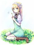 blonde_hair blue_eyes boots bug butterfly clover dress four-leaf_clover hairband hanamuke highres holding insect long_hair original puffy_sleeves sitting smile solo wariza 