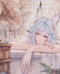  1girl absurdres animal_ear_fluff animal_ears bathroom bathtub blurry blurry_background closed_mouth commentary derivative_work fingernails forehead_tattoo fox_ears fox_girl highres honkai:_star_rail honkai_(series) hsin_(wuthering_waves) indoors long_fingernails long_hair looking_at_viewer nail_polish orange_eyes phonograph red_nails scarletlupa signature smile solo tattoo untranslatable_commentary white_hair wuthering_waves 
