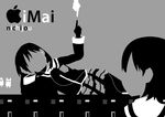  absurdres aioi_yuuko arm_support bad_id bad_pixiv_id character_name copyright_name digital_media_player faceless grey_background greyscale hand_on_own_cheek high_contrast highres ipod ipod_ad lying midorigunso3 minakami_mai monochrome multiple_girls nichijou no_lineart on_side outstretched_arm pointing pointing_up short_hair simple_background 