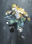  abs abstract_background angry anthro armor bandage beau belt biceps black_fur blue_eyes body_markings claws clothed clothing dagger feline fight fur gloves grey_background half-dressed knife male mammal markings muscles necklace pants pecs plain_background pose solo standing stripes tiger toe_claws topless weapon white_fur yellow_fur 