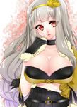  bad_id bad_twitter_id belt beyond_the_nobles black_gloves breast_hold breasts choker cleavage gloves hairband idolmaster idolmaster_(classic) jpeg_artifacts large_breasts long_hair open_mouth orange_eyes shijou_takane silver_hair solo yellow_hairband yutazou 