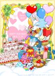 2018 animal_crossing anthro birthday_cake birthday_gift blue_body blue_fur bouquet cake canid canine canis chair colored dessert digital_media_(artwork) dipstick_tail english_text eyes_closed female female_anthro flower flower_bouquet food fur furniture happy_birthday haretaka leg_markings mammal markings nintendo on_chair plant pointy_ears prick_ears sitting sitting_on_chair skye_(animal_crossing) smile socks_(marking) solo tail tail_markings text wolf