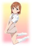  blush brown_eyes brown_hair hair_ornament hairpin highres long_legs misaka_mikoto no_pants school_uniform shirt_tug short_hair shorts smile_(rz) solo sweater_vest to_aru_kagaku_no_railgun to_aru_majutsu_no_index 