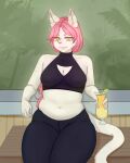 absurd_res alcohol ama ama_konon anthro bar bar_counter belly bench beverage big_belly big_breasts big_butt big_eyes bottomwear breasts butt cleavage clothed clothing cocktail cocktail_bar cocktail_glass container counter cup denim denim_bottomwear denim_clothing drinking_glass fangs felid female food fruit fur glass glass_container glass_cup hair hair_over_eyes hi_res jeans lime lying mammal navel neckline nipple_outline nipples on_bench on_front organs palm_tree palms pants pink_hair plant sitting sitting_on_bench smile smiley_face smiling_at_viewer solo stomach teeth tree white_body white_fur yellow_eyes