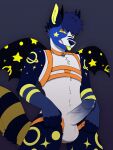 anthro balls bat bdsm blue_body blue_fur blue_penis bodily_fluids bondage bound canid canine canis clothing collar cum dominant dominant_male fur genital_fluids genitals harness hi_res humanoid_genitalia humanoid_penis jockstrap jockstrap_down leaking leaking_cum leaking_precum male mammal markings mayday..may multicolored_body multicolored_fur multicolored_penis orange_eyes orange_harness penis precum service_top sharp_teeth solo standing star star_(marking) striped_body striped_markings striped_tail stripes submissive submissive_male tail tail_markings teeth teeth_showing tongue underwear white_body white_fur wings wolf yellow_body yellow_fur yellow_markings yellow_sclera yellow_tongue
