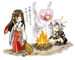  broom chibi choshichiro fire food headband horns japanese_clothes miko multiple_girls queen's_blade shizuka_(queen's_blade) sweet_potato tomoe translation_request yakiimo 