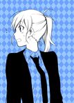  1girl blending blue formal melty_blood monochrome necktie ponytail profile purple_eyes riesbyfe_stridberg six_(fnrptal1010) solo suit tsukihime 