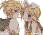  1girl blue_eyes blush brother_and_sister food heart heart_of_string hiro_(hirohiro31) kagamine_len kagamine_rin pocky pocky_day siblings twins vocaloid 