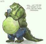 2010 alligator alligatorid anthro aokamidu barefoot belly big_belly bottomwear claws clothed clothing crocodilian dialogue fangs feet food holding_food holding_object huge_belly looking_at_viewer male morbidly_obese morbidly_obese_anthro morbidly_obese_male mouth_closed navel obese obese_anthro obese_male overweight overweight_anthro overweight_male pants reptile scales scalie signature solo standing suspenders tail teeth text topless topless_anthro topless_male