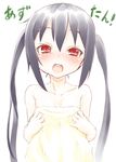  black_hair blush collarbone covering k-on! long_hair miyao_ryuu nakano_azusa nose_blush nude_cover open_mouth red_eyes round_teeth solo tears teeth towel translated twintails 