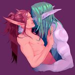  biceps blood_elf blue_hair blue_skin buff duo elf gay glowing glowing_eyes green_hair hair hug long_hair male muscles night_elf nipples not_furry nude open_mouth paexie pec_grasp pecs ponytail pose purple_background red_hair romantic standing topless video_games violet_background warcraft world_of_warcraft 