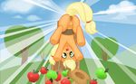  anatomically_correct anatomically_correct_pussy animal_genitalia apple applejack_(mlp) arareroll cloud equine equine_pussy female feral freckles friendship_is_magic fruit grass hat horse mammal my_little_pony nude outside pony pussy sky solo teats tree upside_down wood 
