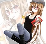  breasts brown_hair cleavage food glasses hat lindoh_flores medium_breasts original pocky red-eyes_macadamiachoco red_eyes zoom_layer 